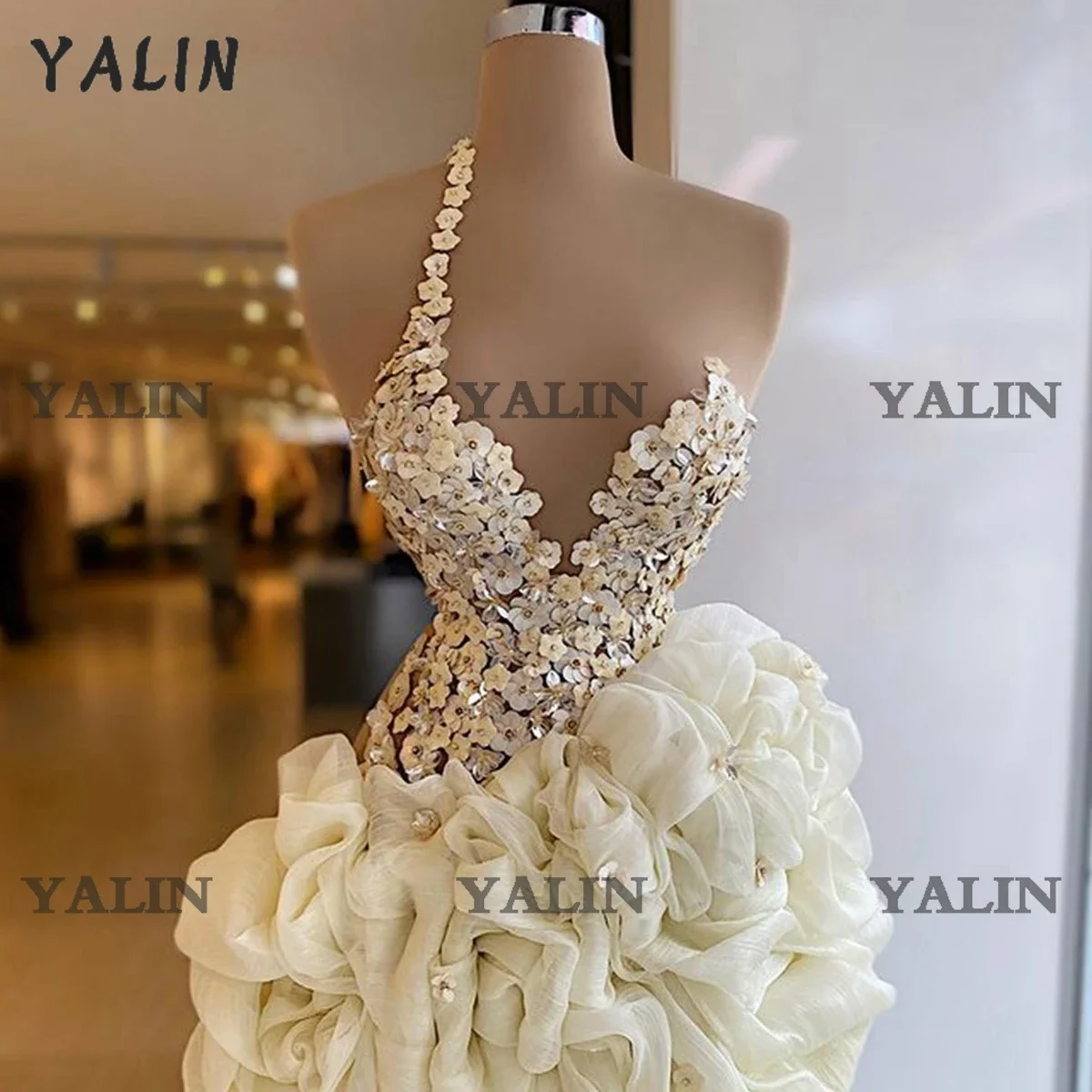 

YALIN Elegant Sweetheart Mini Cocktail Party Dress 3D Flora Appliques Short Prom Formal Sheath White Evening Gown Custom