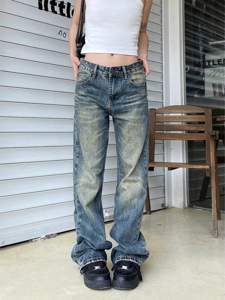 

HOUZHOU Vintage Stacked Jeans Women Korean Y2k Distressed Baggy Straight Denim Trousers Grunge Gyaru Streetwear Boyfriend Jeans