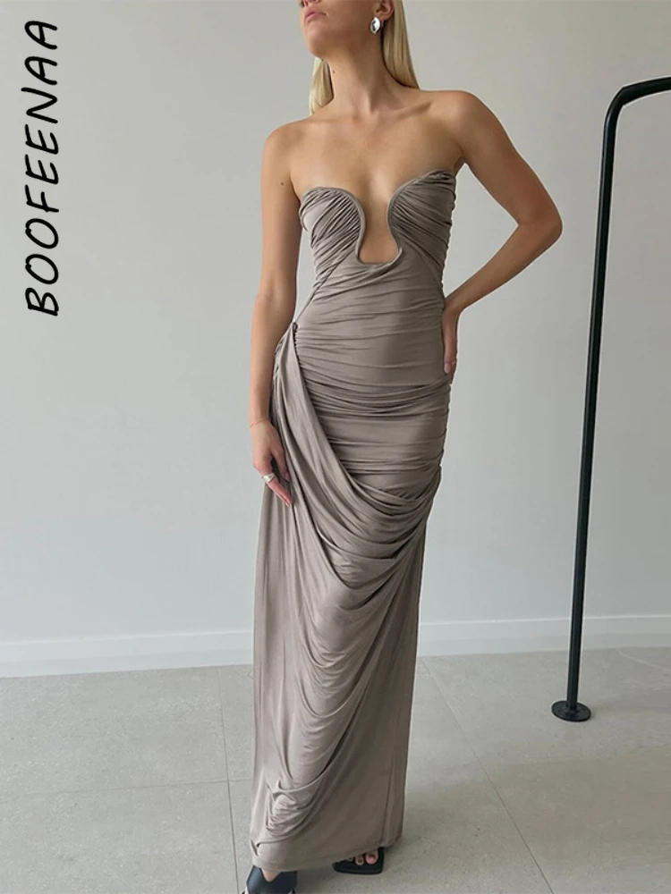 

BOOFEENAA Asymmetric Ruched Strapless Maxi Dress for Women Summer 2024 Elegant Sexy Party Long Dresses Vacation Outfits C83-DH46