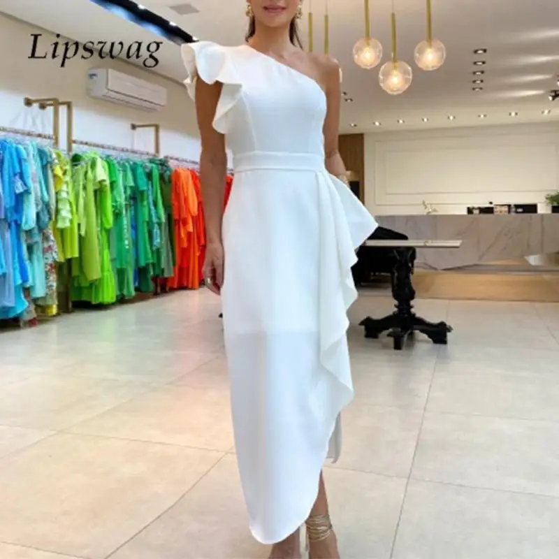 

Sexy Backless Slim Waisted Ladies Dress Fashion Solid Color Ruffle Split Banquet Dress Elegant One Shoulder Irregular Long Dress