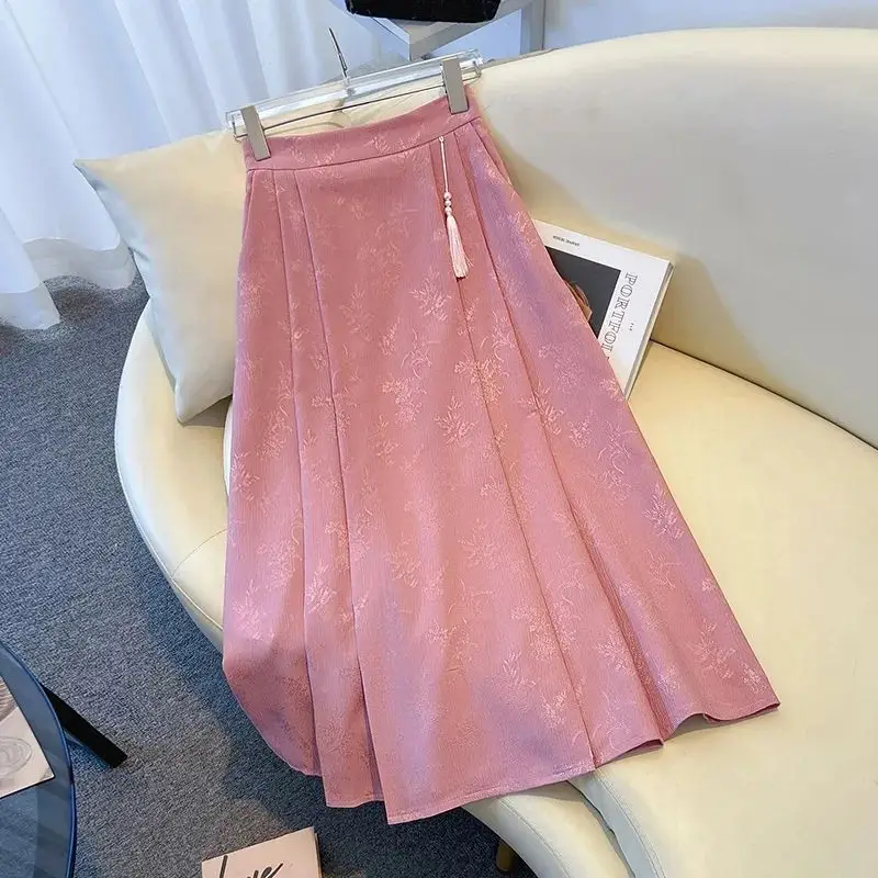 

2024 New Temperament Chinese Style Women's High Waisted Elastic Tassel Jacquard Horse Face A-line Loose Mid Length Pleated Skirt