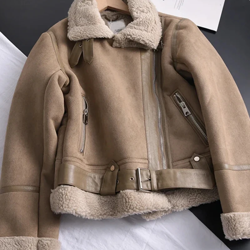 

Women's Faux Shearling Leather Jackets Short Motorcycle Biker Coat Thick Parka Warm Suede Lamb Fur Wool Jacket Winter Outwear