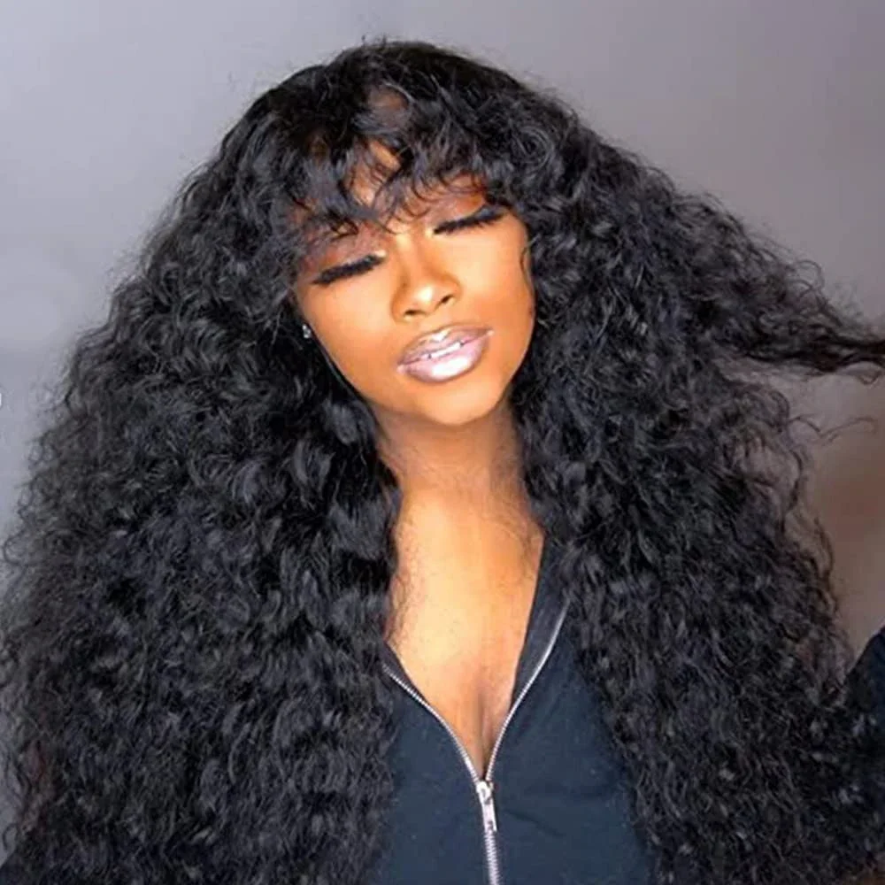 

Curly Wig With Bangs Kinky Curly Human Hair Wig With Bangs Glueless None Lace Front Wig 12A Water Wave Virgin Human Hair Wigs