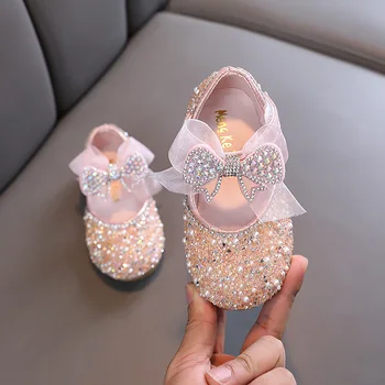 AINYFU-새로운 어린이 스팽글 가죽 신발, 여자 공주 라인석 나비 매듭 싱글 신발, 2023 패션 베이비 키즈 웨딩 신발