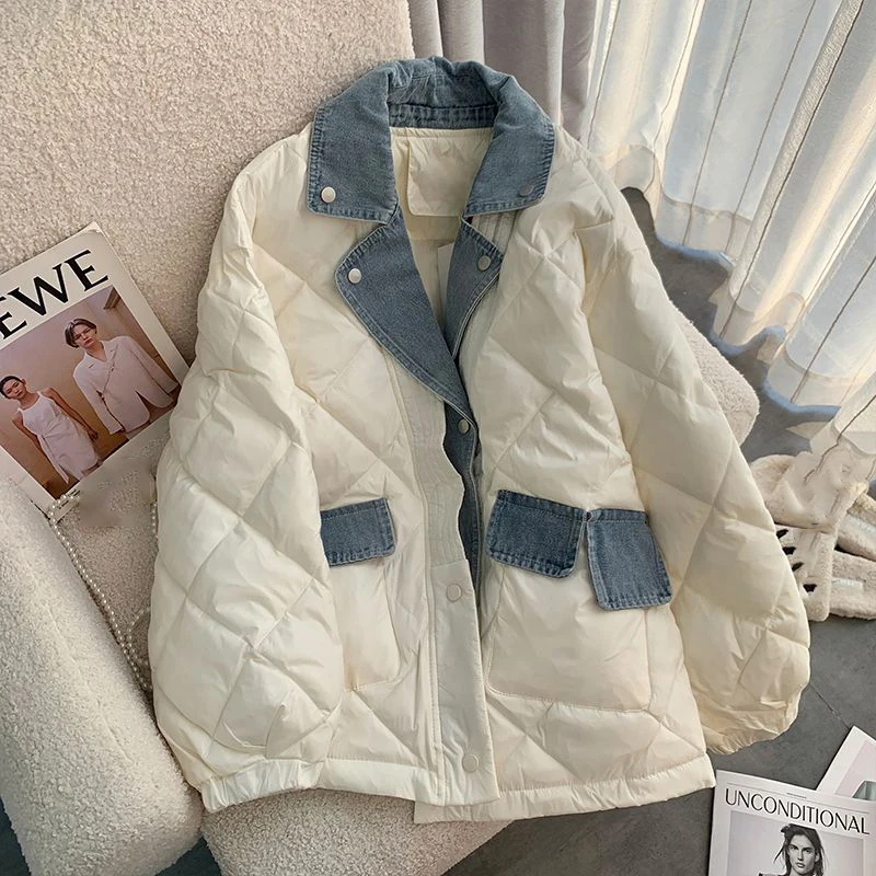 Denim Patchwork Thicken Cotton Coats Women Winter New Design Sense Niche Jacket Fake Two Diamond Checkered Cotton Jackets Trendy
Denim Patchwork Thicken Cotton Coats Women Winter New Design Sense Niche Jacket Fake Two Diamond Checkered Cotton Jackets Trendy