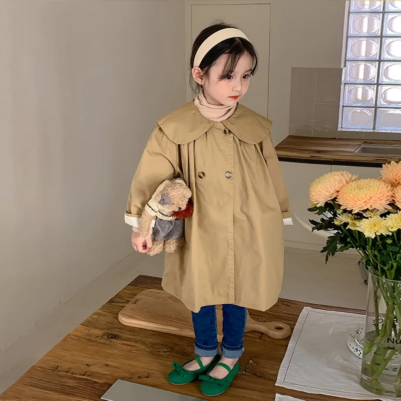 

South Korea children's clothing girls 2024 autumn new children's lapel trench British wind long trench coat