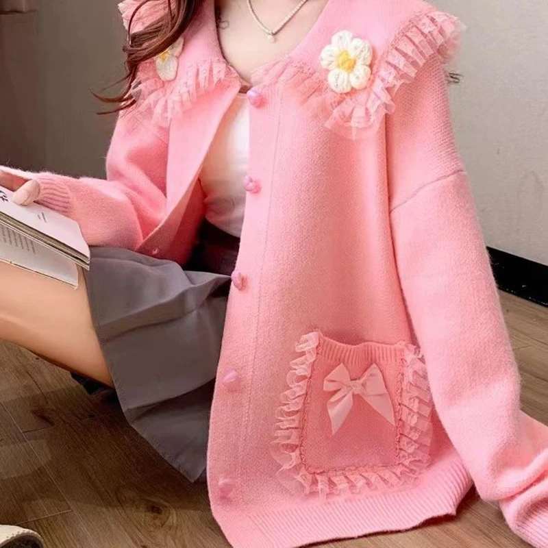 Sweet Peter Pan Collar Pockets Bow Lace Cardigan Sweaters Female Clothing 2024 Autumn Winter New Loose Knitted Young Style Tops Sweet Peter Pan Collar Pockets Bow Lace Cardigan Sweaters Female Clothing 2024 Autumn Winter New Loose Knitted Young Style Tops