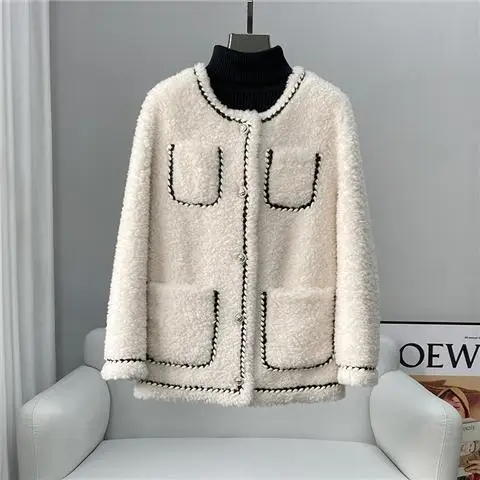 

Lady Women Sheep Shearling Warm Jackets Winter Female Girl Lamb Wool Fur Coat Youth Parka Overcoat Pocket Thickening Natural H66