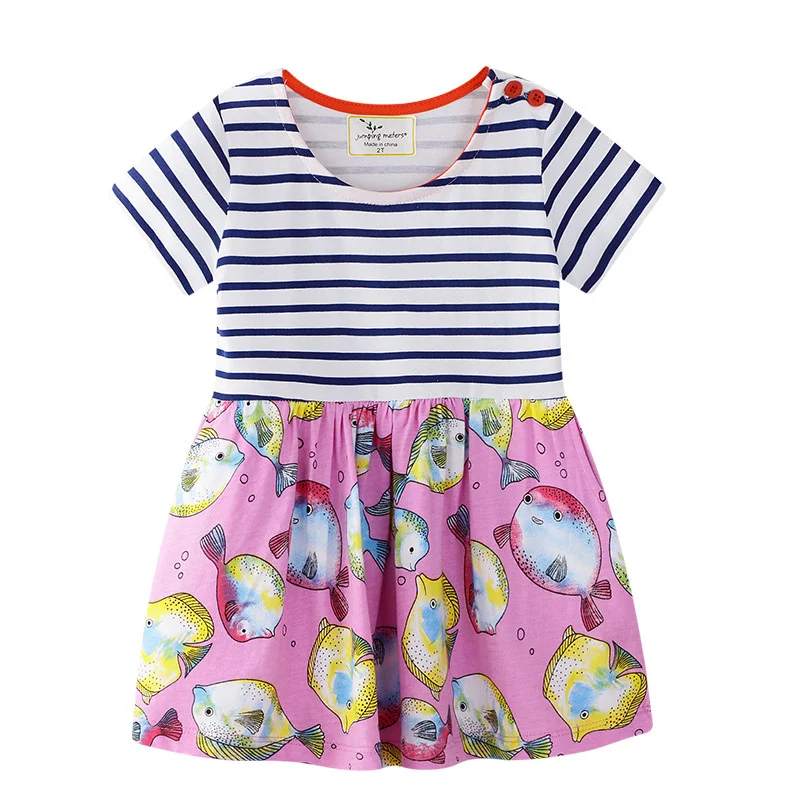 

Jumping Meters 2-7T New Arrival Girls Dresses Fish Print Striped Baby Clothes Summer Cotton Children's Frocks Casual Kids Frocks