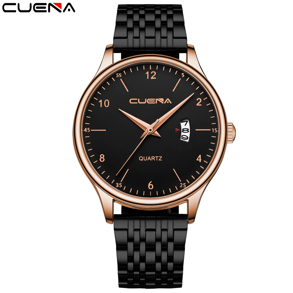 

CUENA Brand Men's Fashion Business Quartz Watch Stainless Steel Waterproof Analog Luxury Men's Calendar Clock relogio masculino