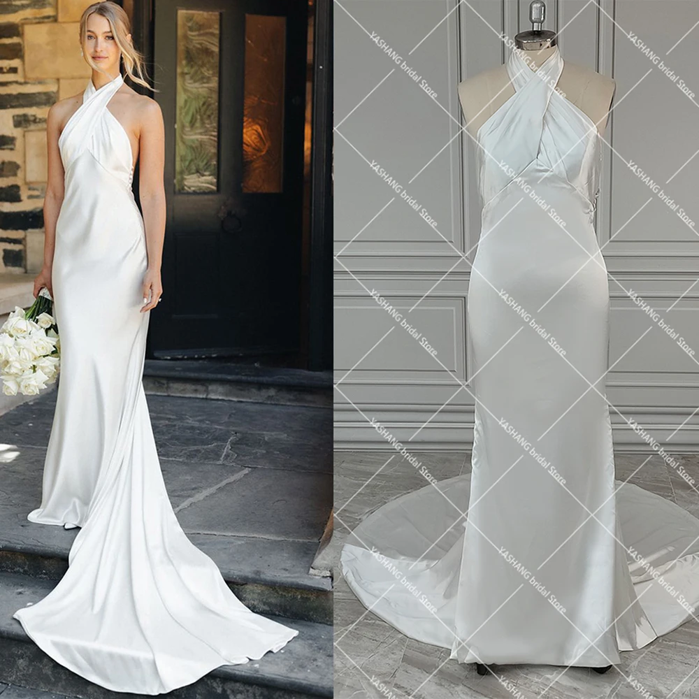 Criss Cross Halter Satin Open Back Wedding Dress Custom Made Cold Shoulder Sleeveless Low Cut Simple Chapel Train Bridal Gowns 
Criss Cross Halter Satin Open Back Wedding Dress Custom Made Cold Shoulder Sleeveless Low Cut Simple Chapel Train Bridal Gowns