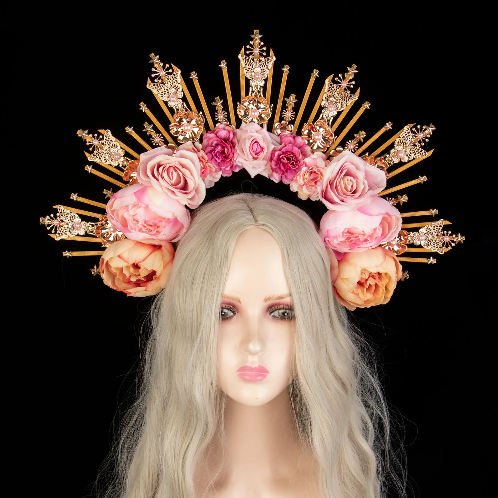 

Pink Rose Pearls Sun Crown Headpiece Gothic Lolita Baroque Butterfly Halo Headband Tiara Christmas Women Goddess Hair Accessory