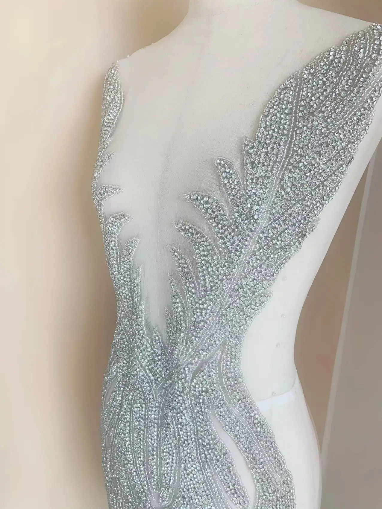 

Silver Large Front Rhinestone Heavy Beaded Patch Deep V Neckline Diamond Applique for Ball Gown,Haute Couture,Wedding Dress