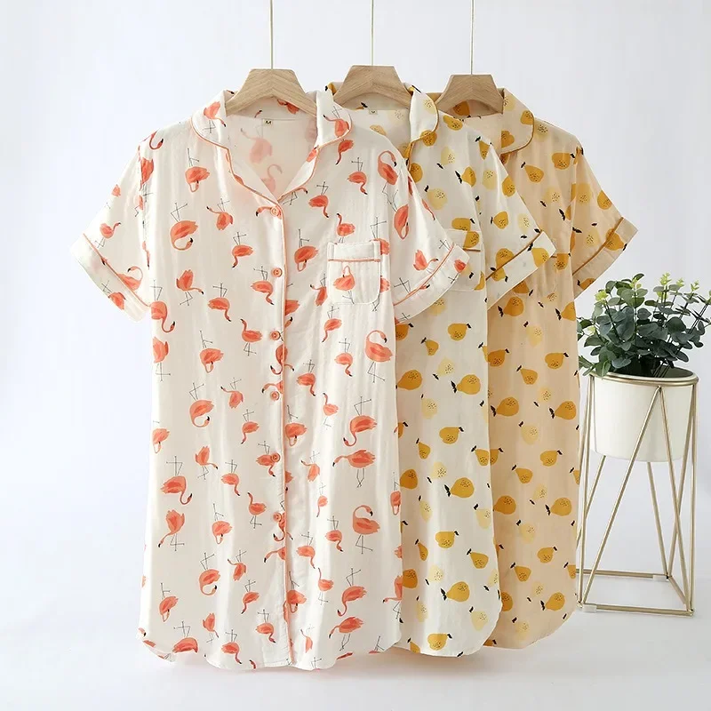 

Женская хлопковая сетчатая простая летняя тонкая дышащая Ночная рубашка средней длины с коротким рукавом ночная рубашка для домашнего использования Пижама