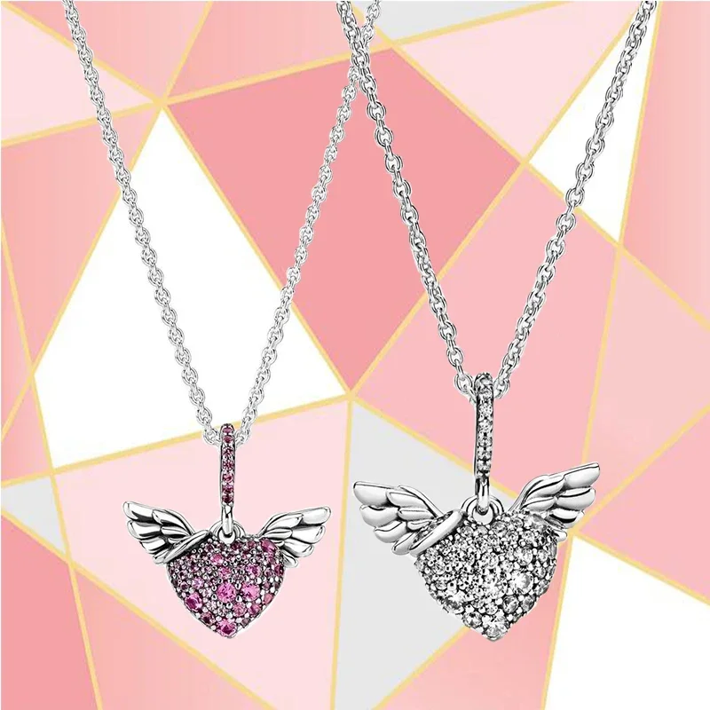 

2022 New Original 925 Sterling Silver Pave Heart and Angel Wings Necklace Women's Fashion High End Brand Jewelry Gifts