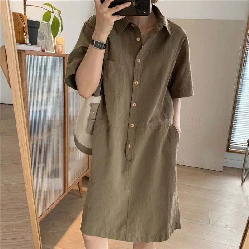 

Spring Summer New Fashion Elegant Polo Neck Short Sleeve Clothing Casual Versatile Western Commuting Pure Cotton Women's Dresses