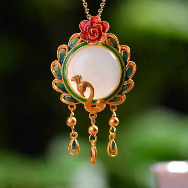 

Peacock enamel color flower necklace pendant inlaid natural Hotan Jade round tassel vintage clavicle chain ethnic style jewelry