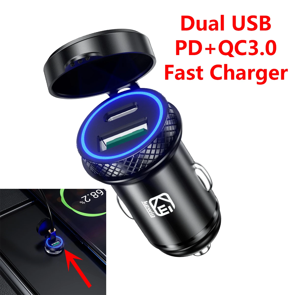 

12V 24V PD Type-C QC3.0 30W USB Car Charger Power Adapter Aluminum Alloy Fast Charging Dual Ports for Laptop Truck Motorcycle