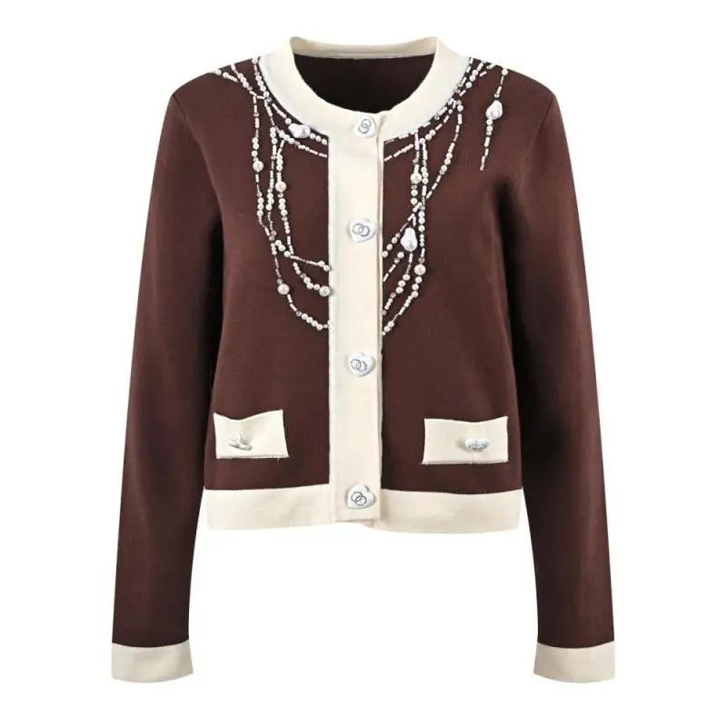 

2024 Spring Fashion Red Single Breasted Knitted Cardigans Luxury Beading Chain Decoration Luxury Designer Brand Sweater Coats