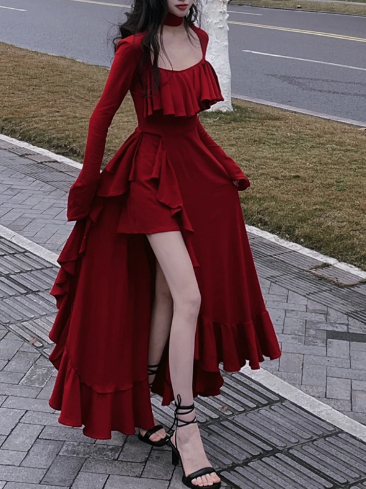 Autumn Red Vintage Elegant Dress Women Flare Sleeve Designer Sweet Long Dress Female Ruffles Retro Princess Irregular Dress 2023
Autumn Red Vintage Elegant Dress Women Flare Sleeve Designer Sweet Long Dress Female Ruffles Retro Princess Irregular Dress 2023