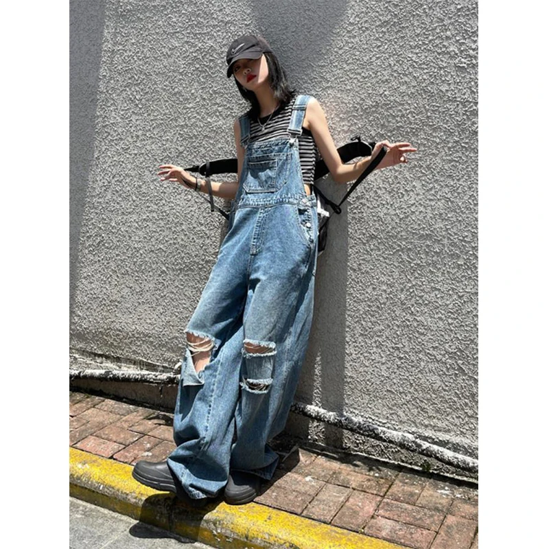 

Denim Jumpsuits Women Streetwear Hole Wide Leg Overalls Vintage Suspender Pants Y2K Korean Baggy Strap One Pieces Jeans Trousers