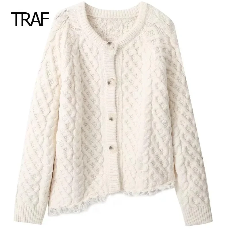 

TRAF Women's Sweater Autumn Winter Asymmetric Cropped Cardigan Knitted V-Neck Long Sleeve Top Elegant Luxury Designer Knitwears