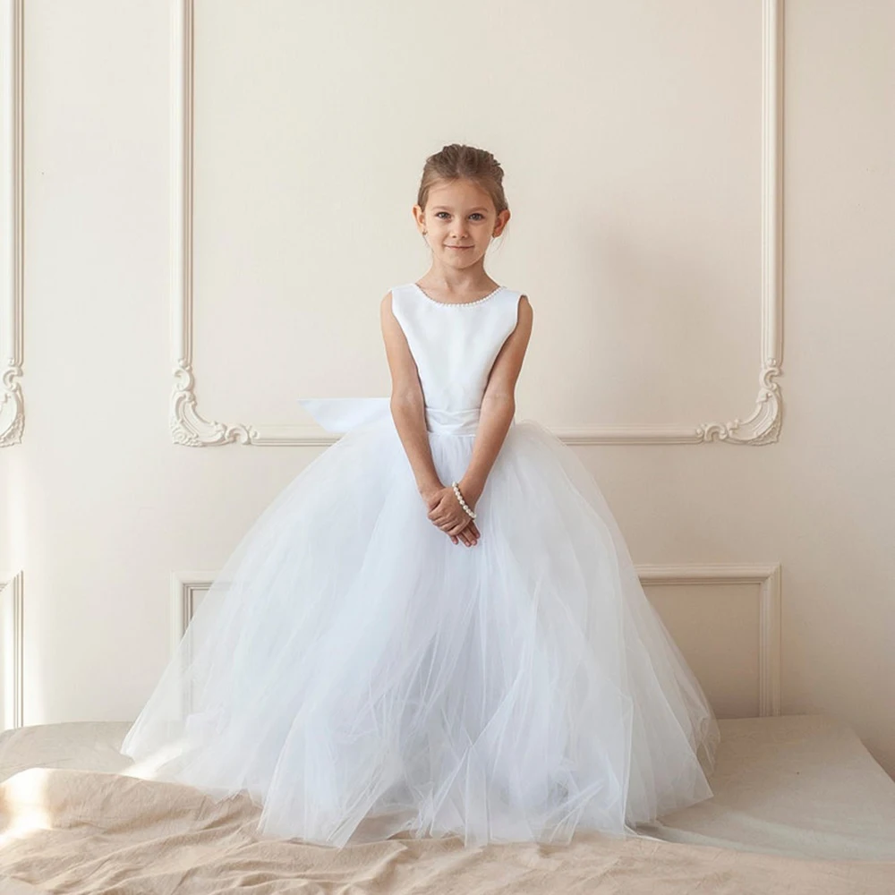 

White Bow Belt A Line Flower Girl Dresses For Weddings Tulle Princess O Neck Pearls Baby Girls Kids Wedding Ceremony Dresses