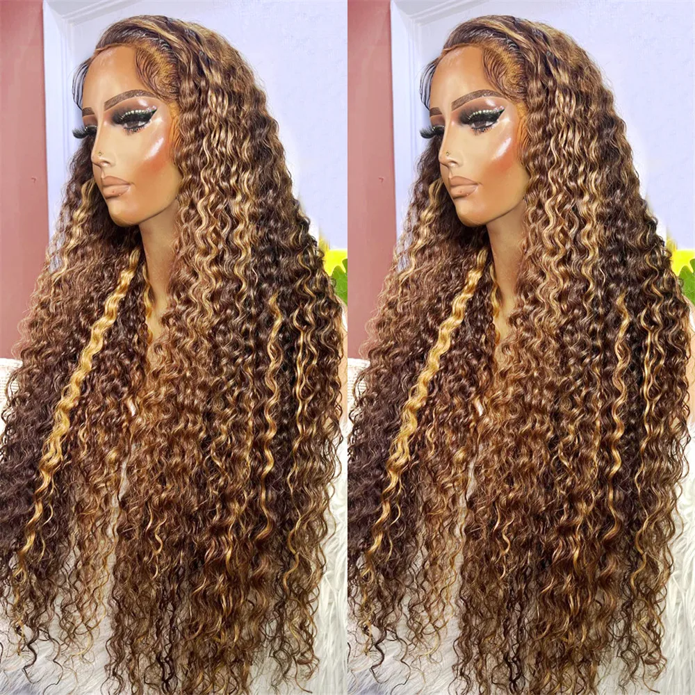 

13x4 13x6 Hd Lace Water Deep Wave Frontal Wig Highlight Honey Brown Glueless Curly Human Hair Wigs Colored Bob For Women 30 Inch