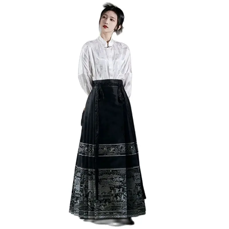 

QIWN Autumn Chinese Style Female Clothes Set Black White Long Lantern Sleeve Shirts High Waist Pleated Skirt Twinset Vintage Set
