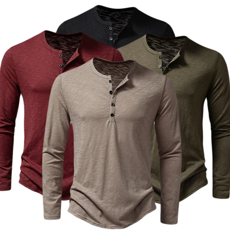 

Men's Bamboo Knot Cotton Henry Neck Fashionable Long Sleeved T-shirt Casual and Comfortable Basic Solid Color T-shirt