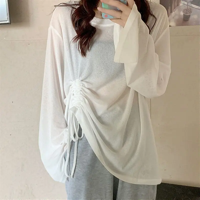 Summer New Ice Silk Drawstring Loose Tops Long Sleeve Solid Color Pleated All-match Casual T Shirts Fashion Trend Women Clothing
Summer New Ice Silk Drawstring Loose Tops Long Sleeve Solid Color Pleated All-match Casual T Shirts Fashion Trend Women Clothing