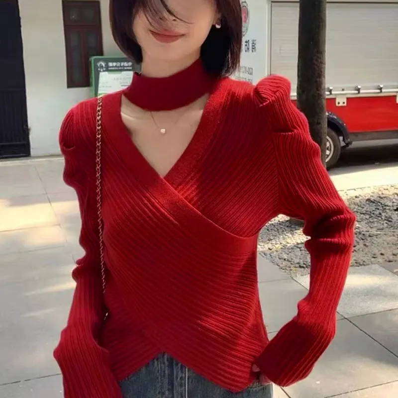 

Fashion Elegant Halter V-Neck Jumpers Autumn Winter Casual Spliced Women's Clothing Commute Korean Slim Folds Knitted Sweaters