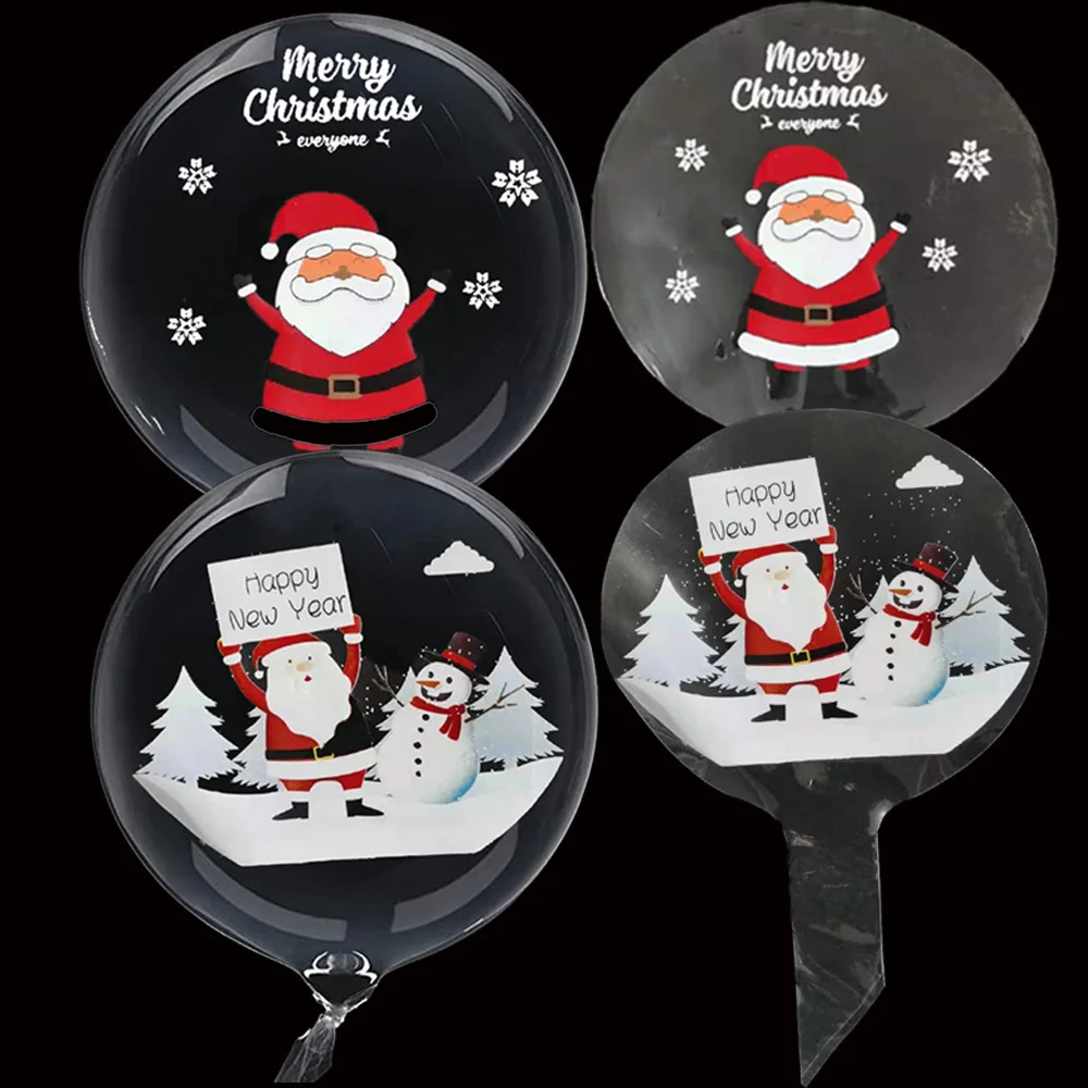 

10Pcs Merry Christmas Printed Bobo Balloon Clear Balloon Xmas Tree Santa Claus Happy New Year Transparent Bubble Ballon 20Inch