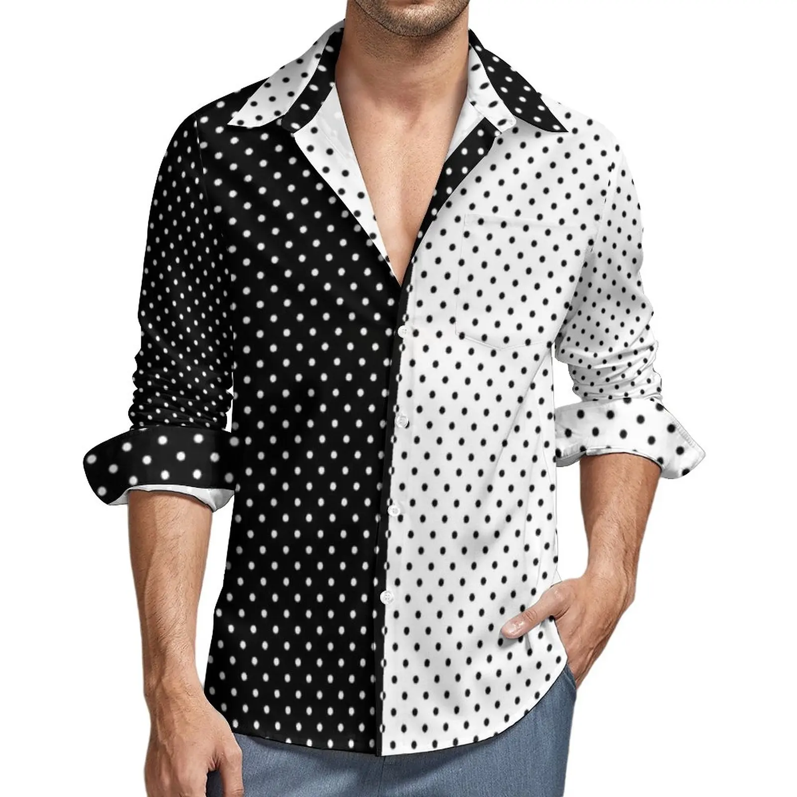 

Polka Dot Black And White Stylish Casual Shirt Man Two Tone Vintage Pattern Shirt Loose Blouses Long Sleeve Oversized Clothing