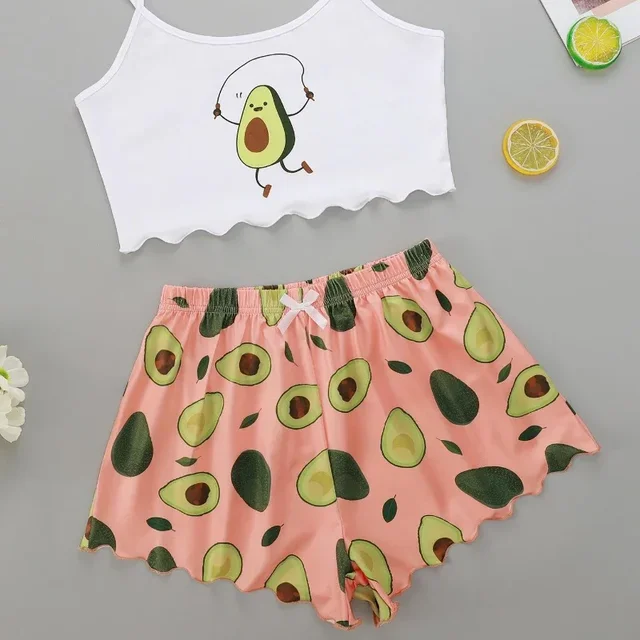Ensemble pyjama d'été pour femmes, nouveau style, imprimé avocat, caraco avec short, décontracté, sexy, jolie nuisette, vêtements de nuit, sous-vêtements 1