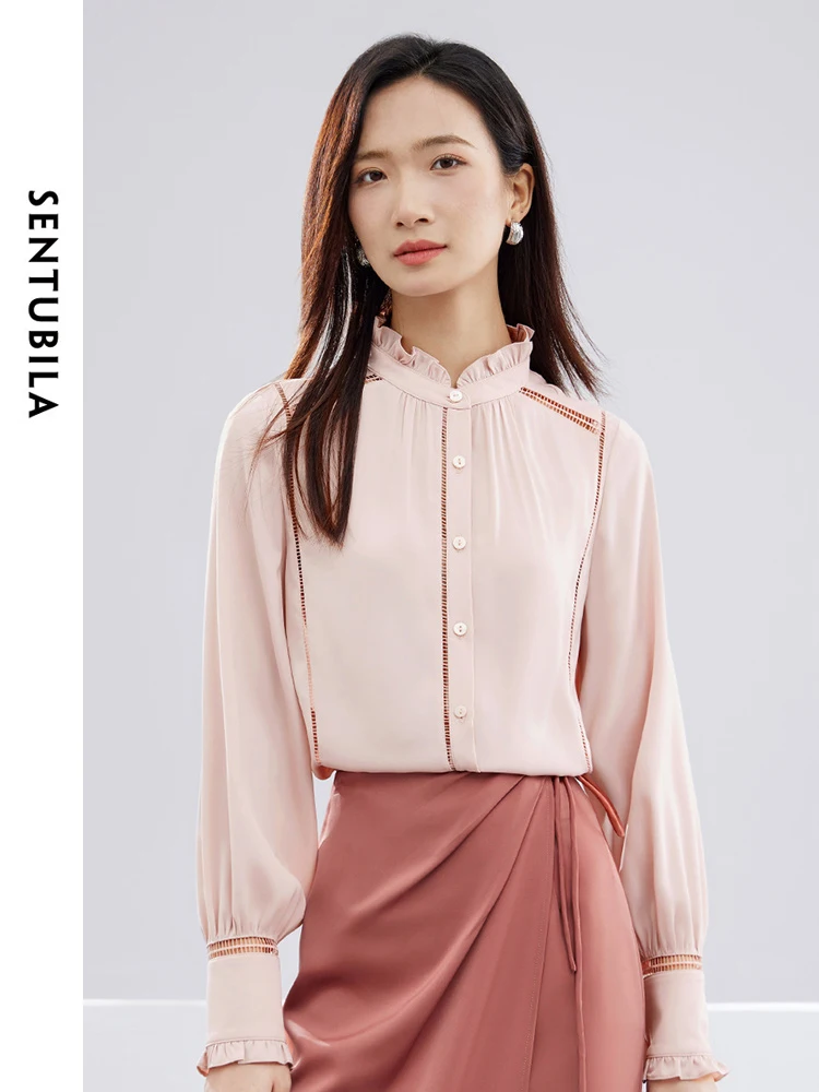 

SENTUBILA Stand Collar Puff Sleeve Ladies Shirts & Blouse Hollow Out Straight Button Up Blouse 2024 Spring Womens Tops 141C52970