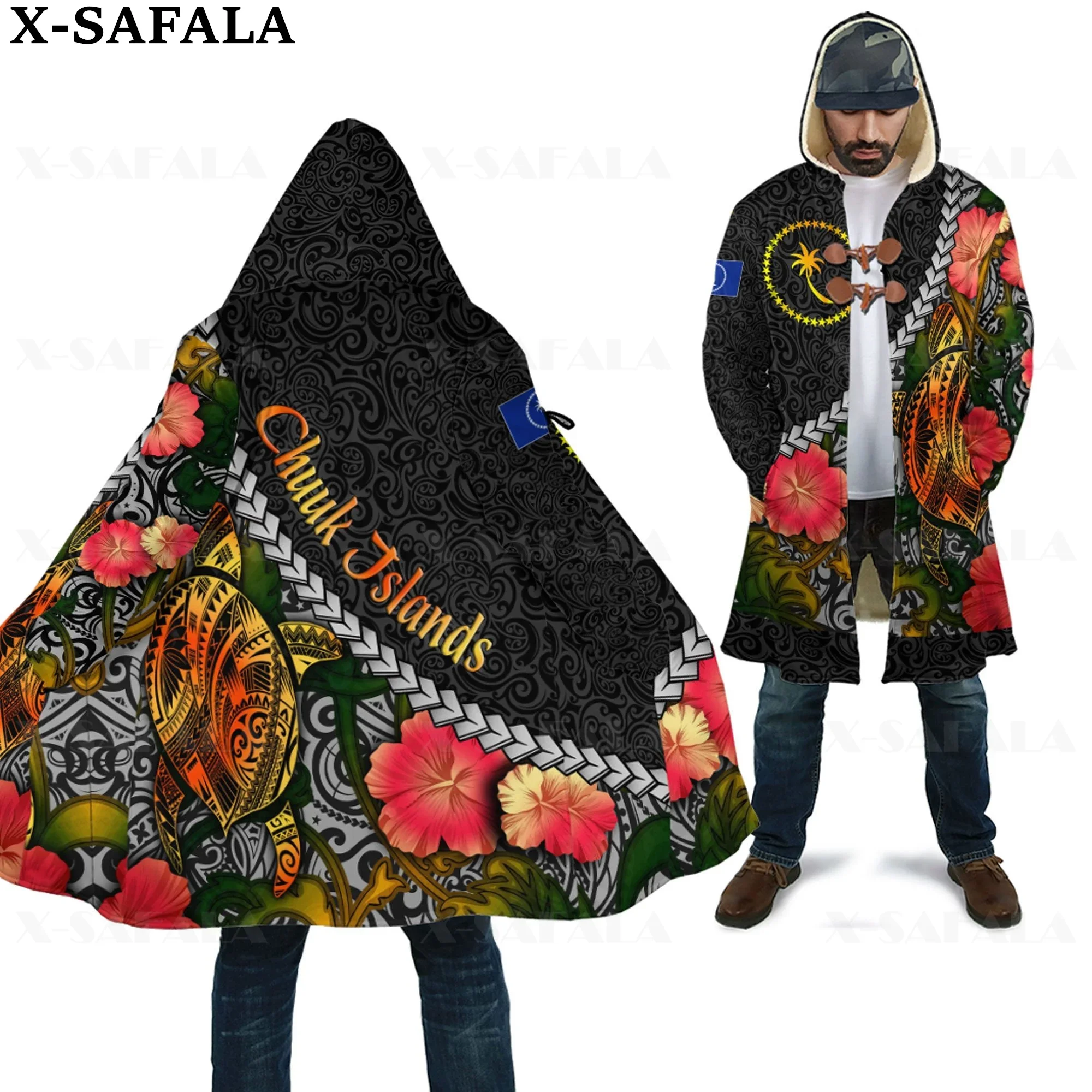 

Chuuk Islands Polynesia Country Art Thick Warm Hooded 3D Print Cloak Men Overcoat Coat Windproof Fleece Cape Robe Blanket-2