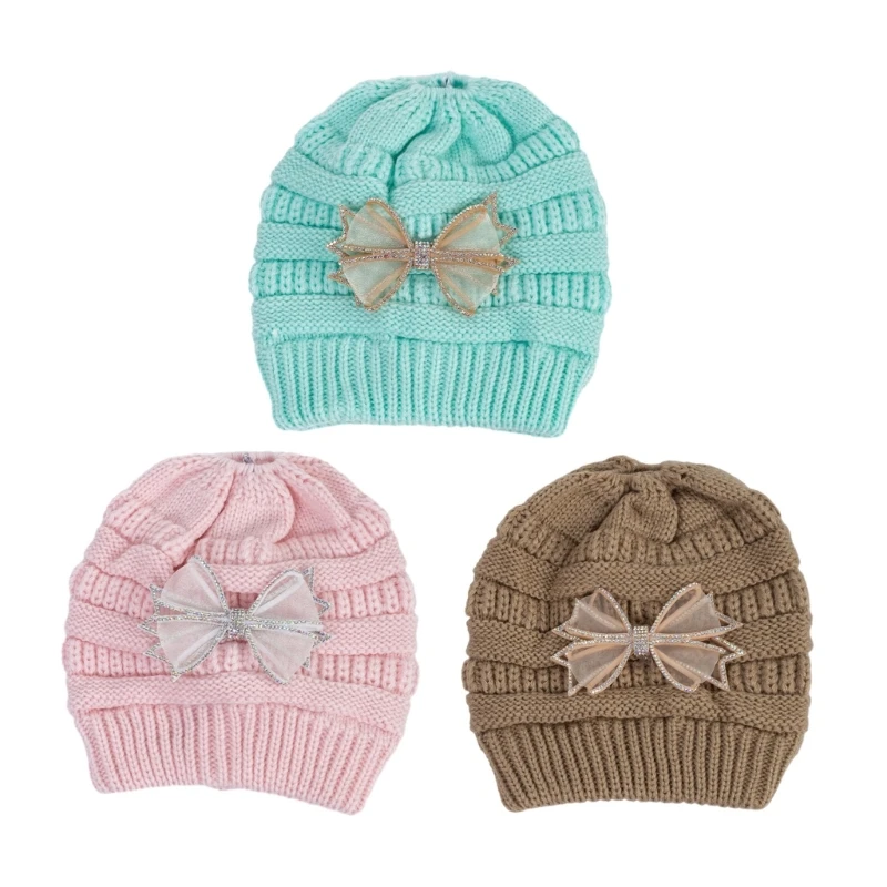 

Knitted Beanie with Ponytail Hole for Girls Adult Winter Hat Lovely Bowknot Decor Beanie Keep Warm Skiing Cycling Drop shipping