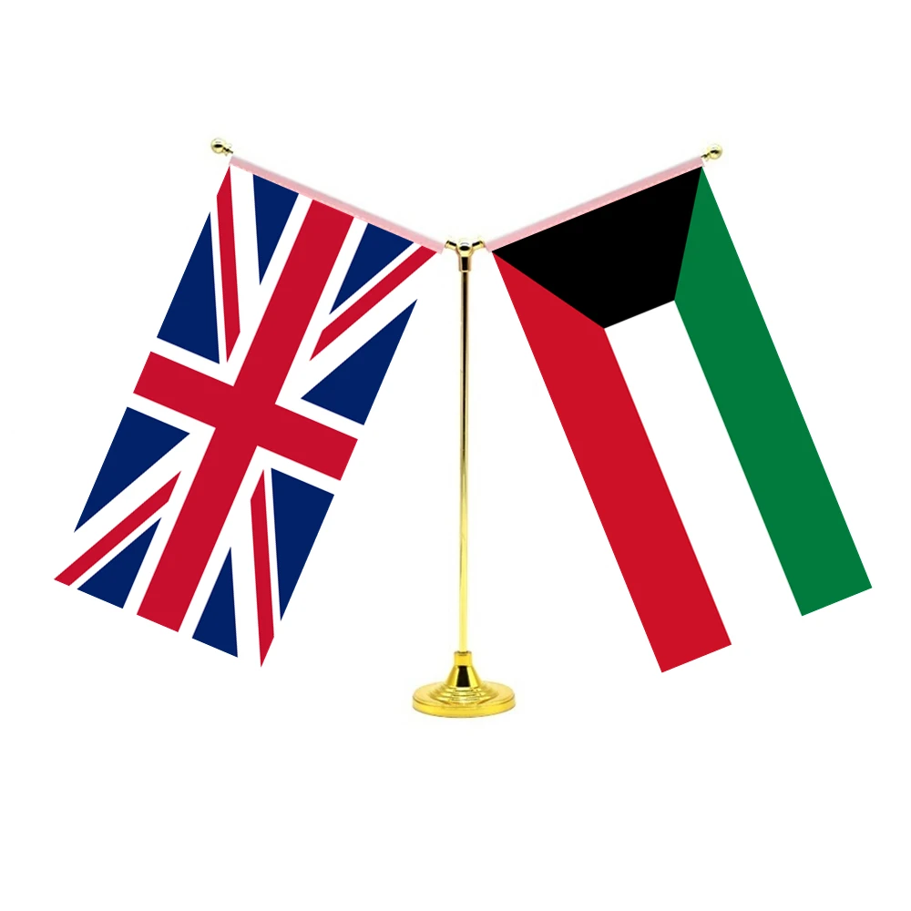 

14x28cm Mini Kuwait Flag Desktop Standing Friendship Set With Two Flags Of Britain UK United Kingdom And Kuwait
