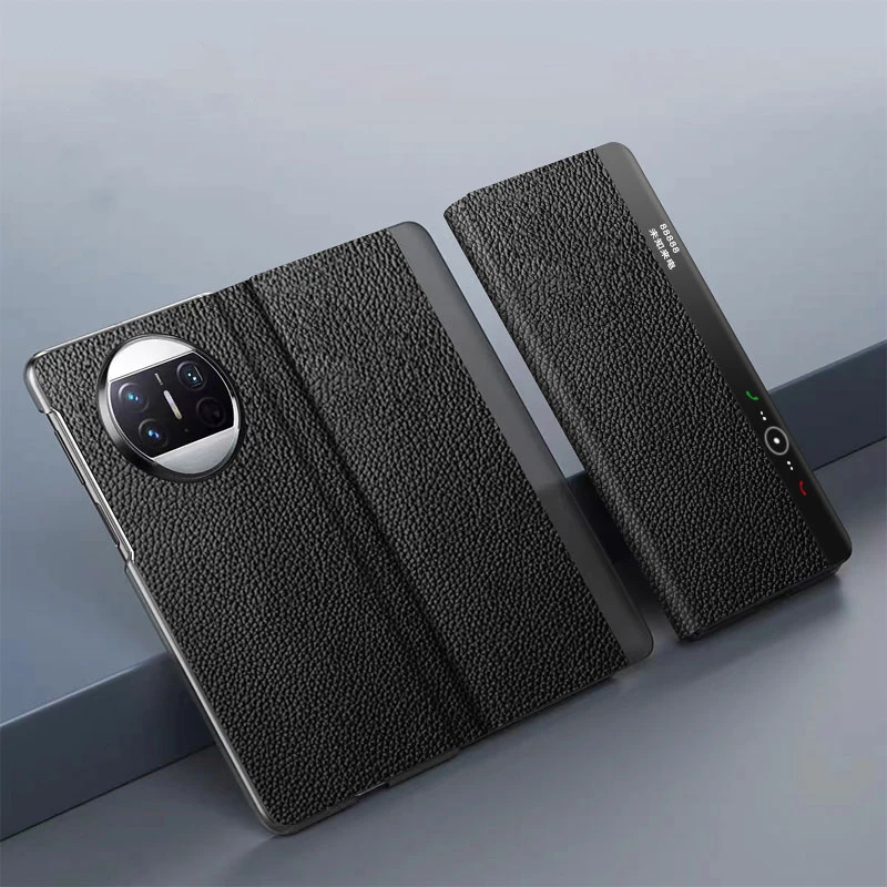 

Luxury Litchi Pattern Genuine Leather Smart Case for Huawei Mate X3 Auto Wake Up & Sleep Smart Window View Flip Case