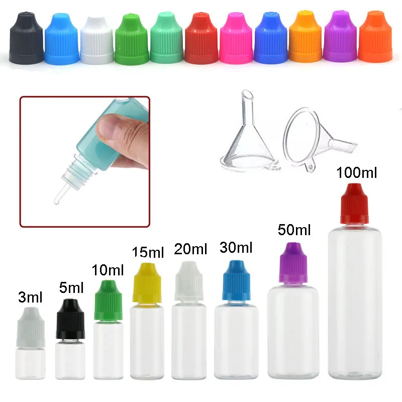 

50Pcs PET Plastic Dropper Bottles 3ml 5ml 10ml 15ml 20ml 30ml 50ml Empty E Liquid Eye Drops Vial With Childproof Cap Fine Tips