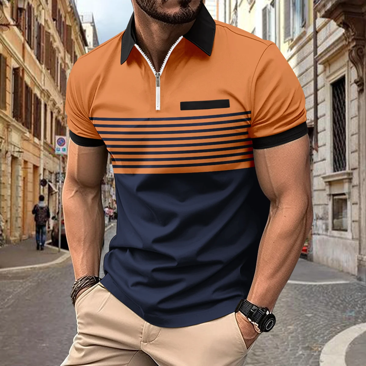 Europe and the United States business casual men's POLO shirt classic lapel decorative pocket - striped matching color T-shirt i
Europe and the United States business casual men's POLO shirt classic lapel decorative pocket - striped matching color T-shirt i