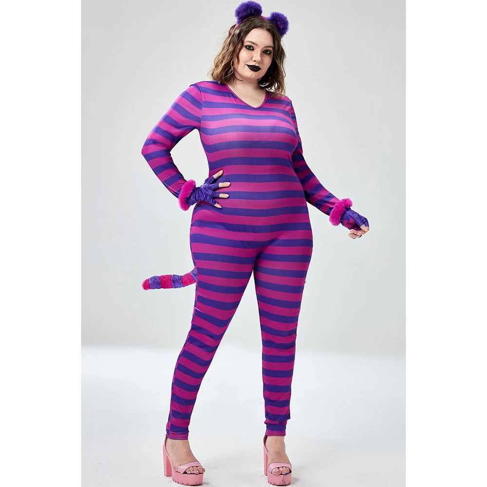 

Plus Size Halloween Costume Purple Cosplay Kitten Knitted Jumpsuit (With Headwear And Gloves)