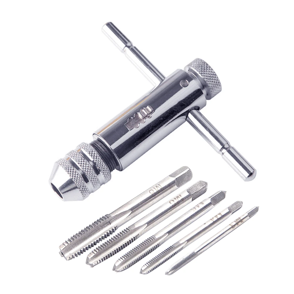 Adjustable Silver T-Handle Ratchet Tap Holder Wrench with 5pcs M3-M8 3mm-8mm Machine Screw Thread Metric Plug T-shaped Tap
Adjustable Silver T-Handle Ratchet Tap Holder Wrench with 5pcs M3-M8 3mm-8mm Machine Screw Thread Metric Plug T-shaped Tap