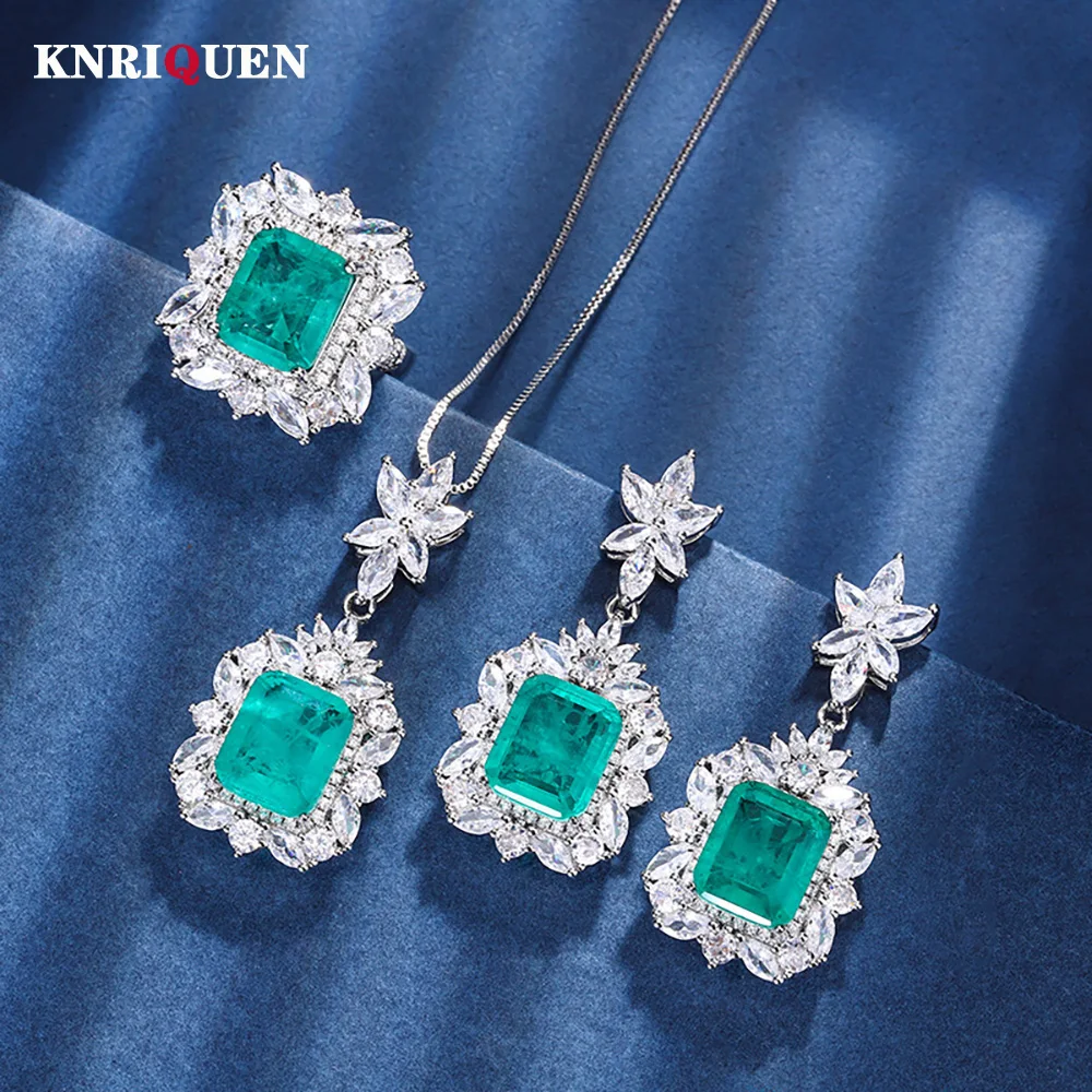 

2023 Trend 10*12mm Emerald Necklace Pendant Ring Dangle Earrings Lab Diamond Women's Vintage Wedding Party Fine Jewelry Set Gift