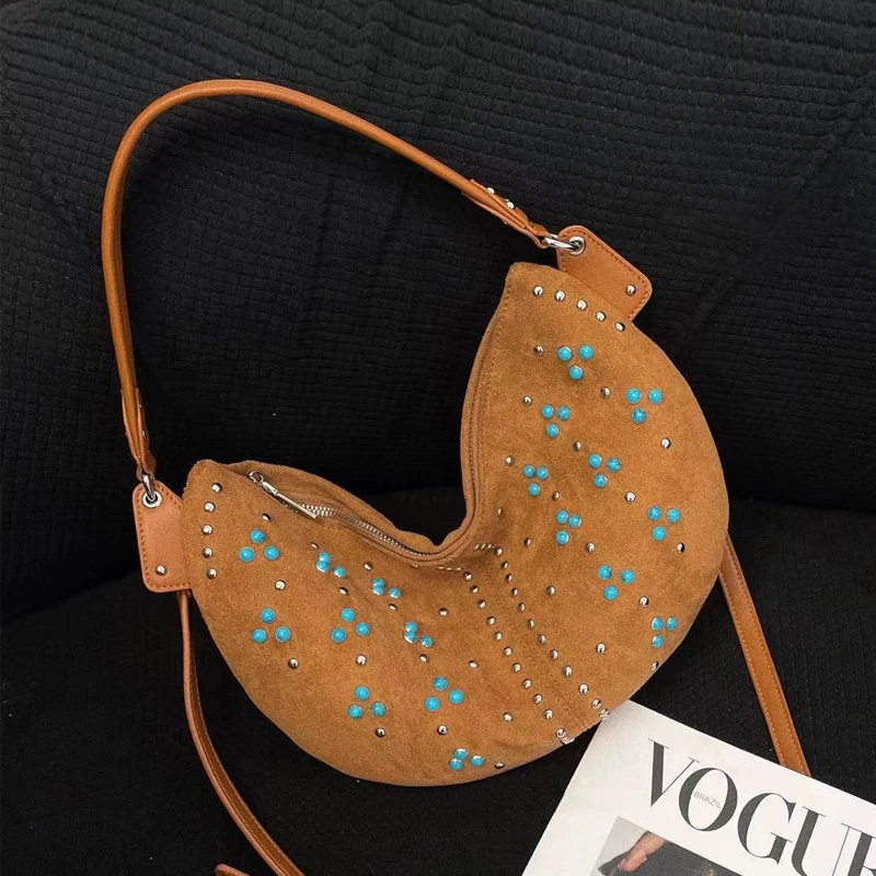 

Bohemian Slim Half Moon Bags For Women Luxury Designer Handbags 2023 New In Faux Suede Inlaid Rivets Imitation Pearl Messenger