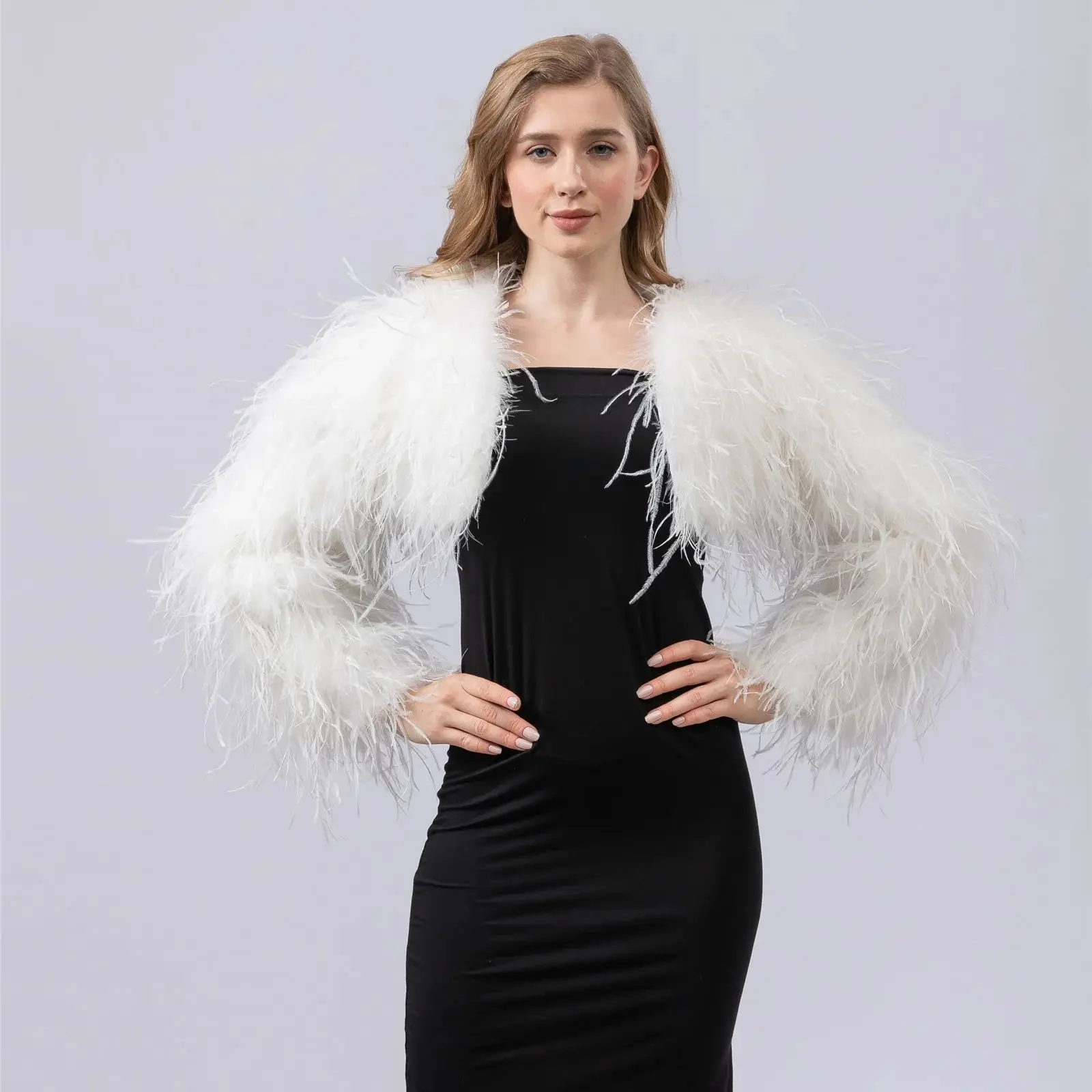 

Ostrich Feather Short Crop Jacket Coat For Dinner Concert Wedding Party Furry Luxurious Bolero Shawl Cape Long Sleeve black