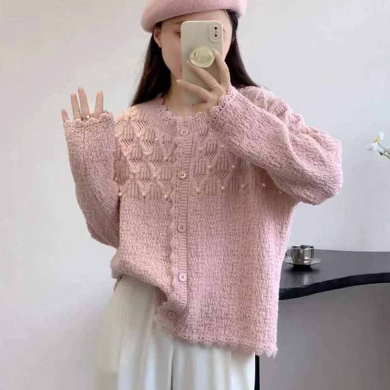 

Women Small Group Design Sense Splicing Knitted Cardigan Autumn Female New Korean Loose Soft Glutinous Long Sleeved Coat Top