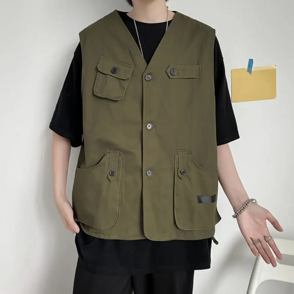 

Lightweight Cargo Waistcoat Men's Collarless Sleeveless Cargo Waistcoat with Multi Pockets Solid Color Outdoor Vest for Casual