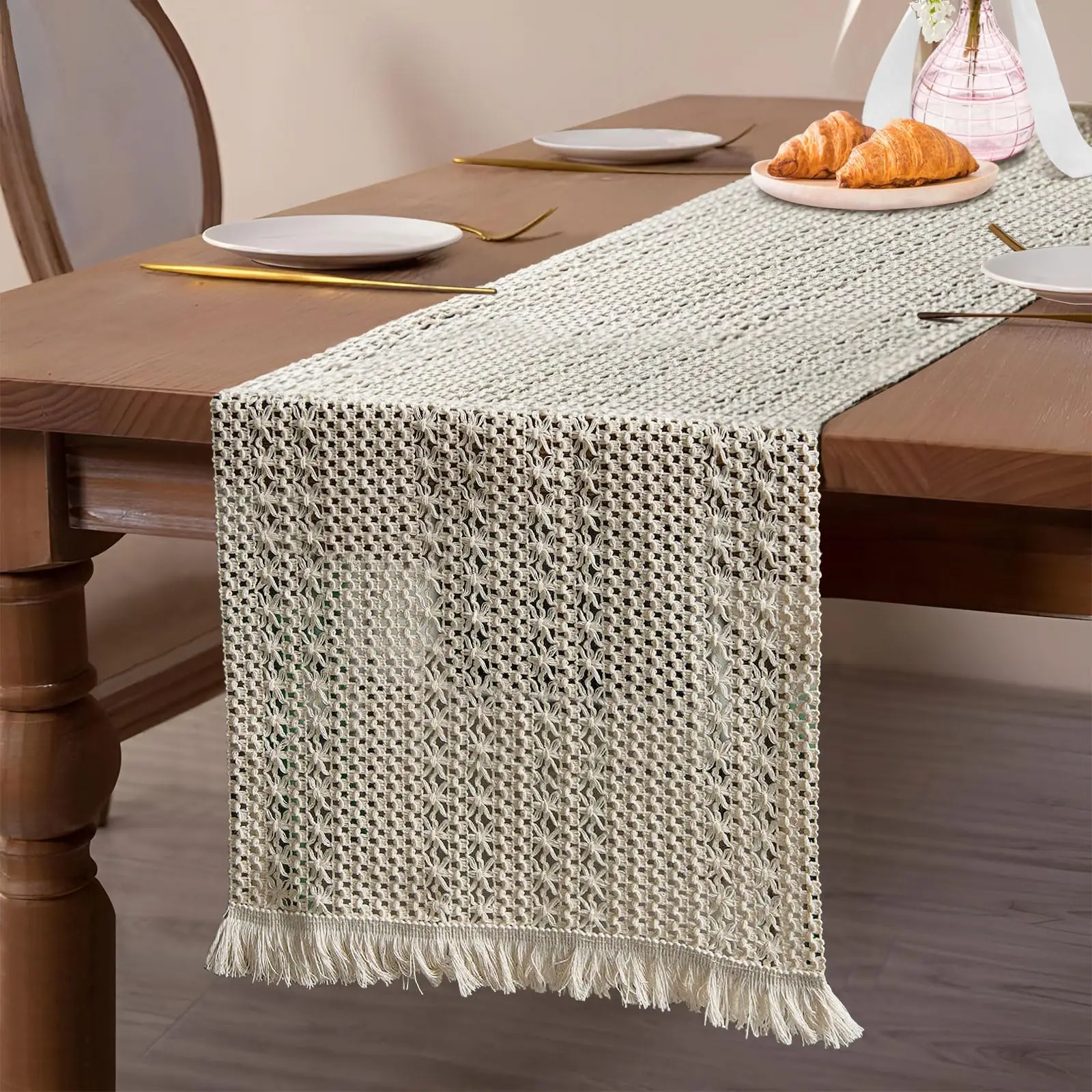 

Farmhouse Boho Table Runner Macrame Table Runner with Tassel Bohemian Woven Cotton Crochet Lace Rustic Home Decor for Table